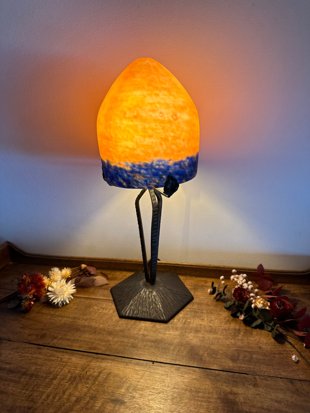 Lampe champignon en verre fumé orangé années 50