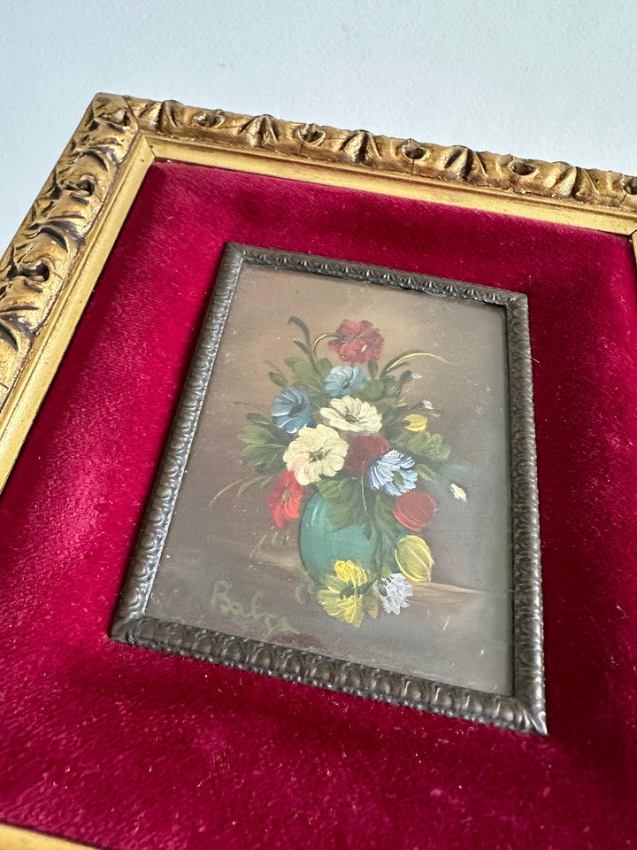 Peintures florales sur cuivre bordure velours rouge cadre carré