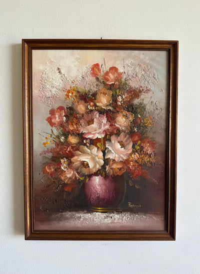 Peinture encadrée signée Frederick bouquet de fleurs mauves et roses