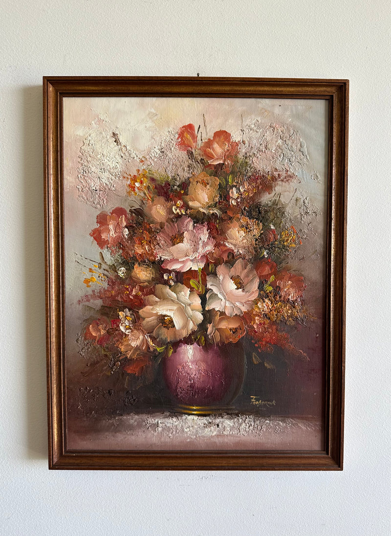Peinture encadrée signée Frederick bouquet de fleurs mauves et roses