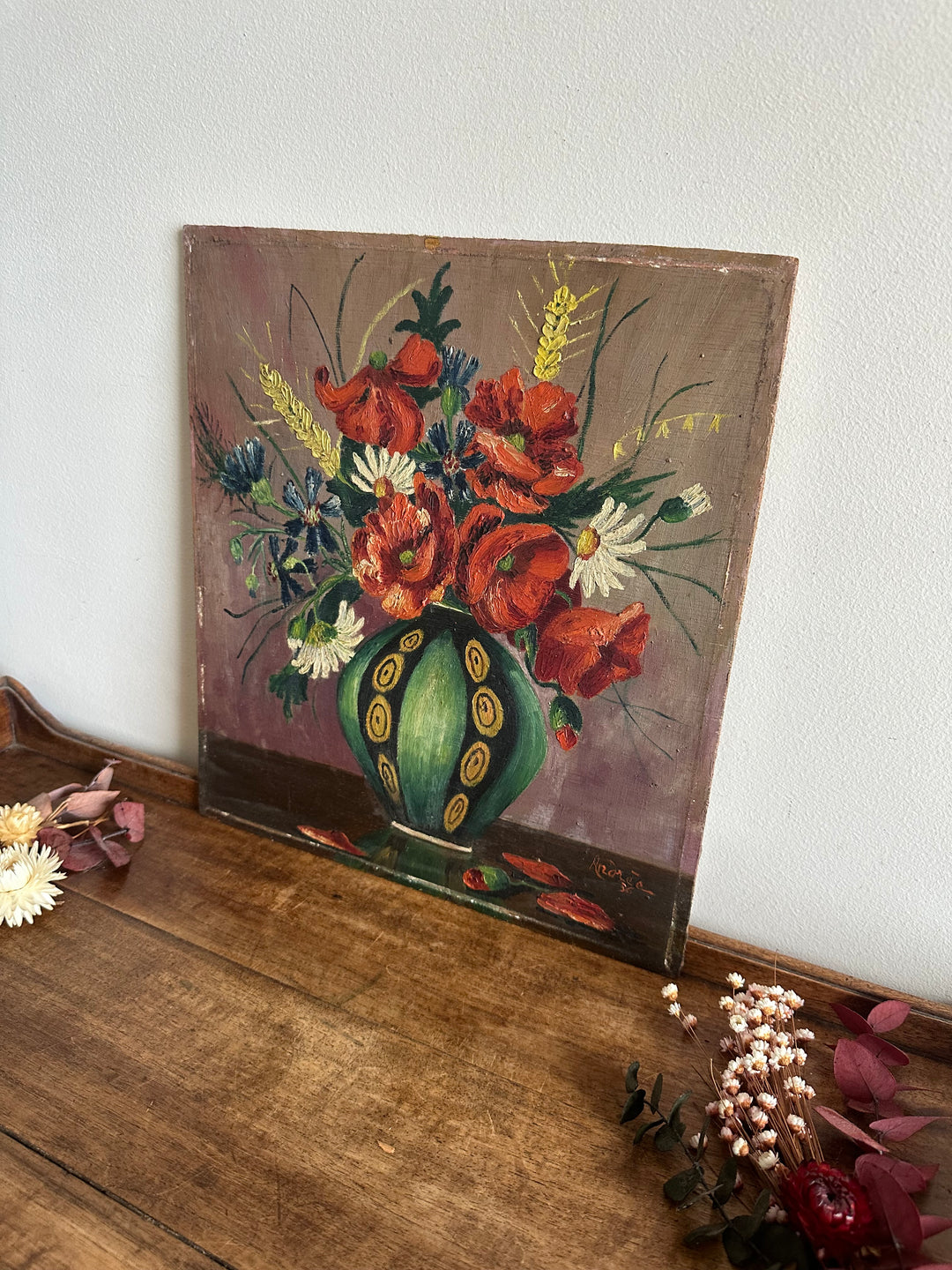 Peinture bouquet de fleurs sur bois signée année 1936