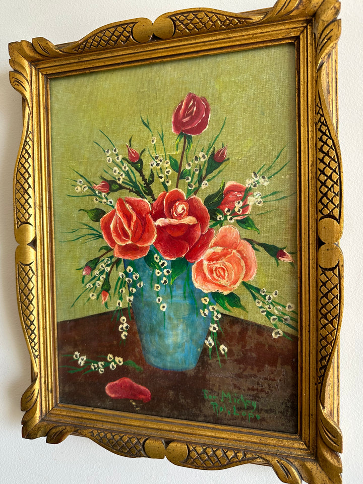 Peinture signée encadrée roses et muguet fond vert