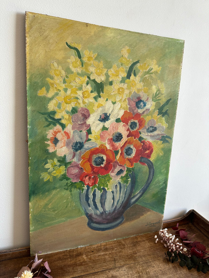 Peinture sur planche bouquet de fleurs dans vase sur fond vert XL