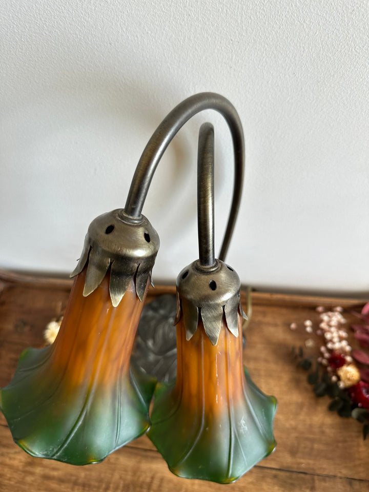 Lampe de chevet à deux têtes verre fumé vert et orange