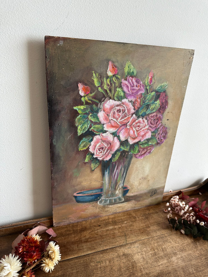 Peinture bouquet de fleurs roses et violettes années 40