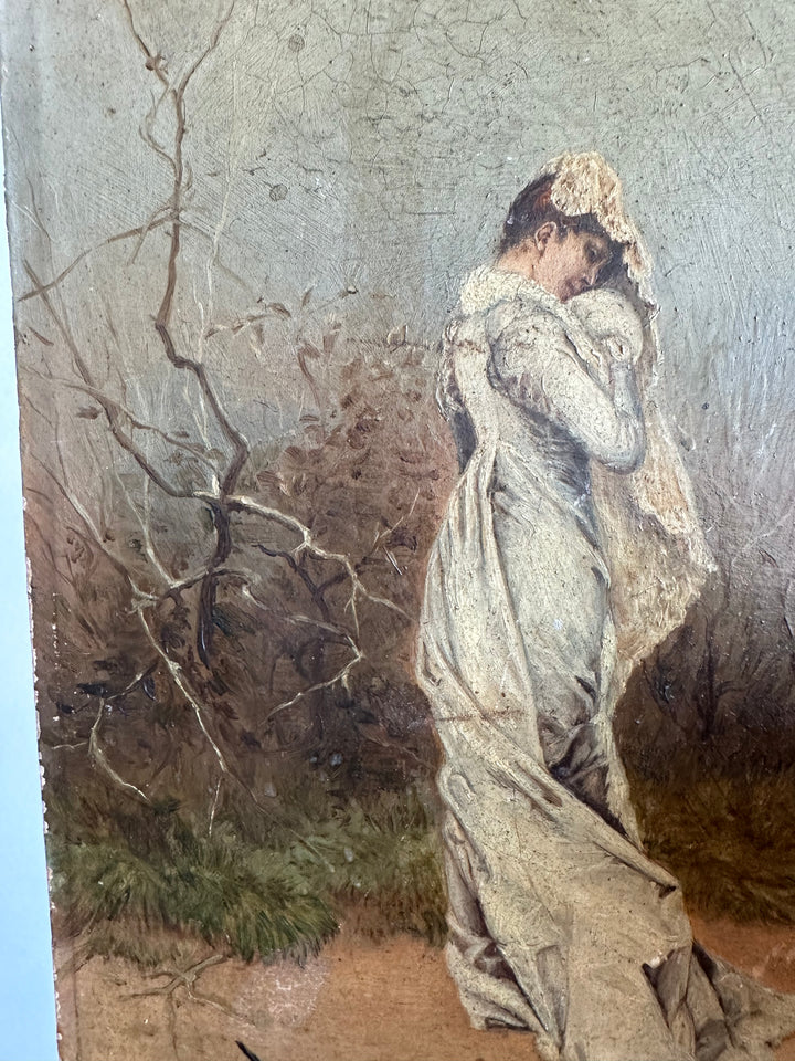 Peinture à l'huile jeune femme en robe blanche XIX ème