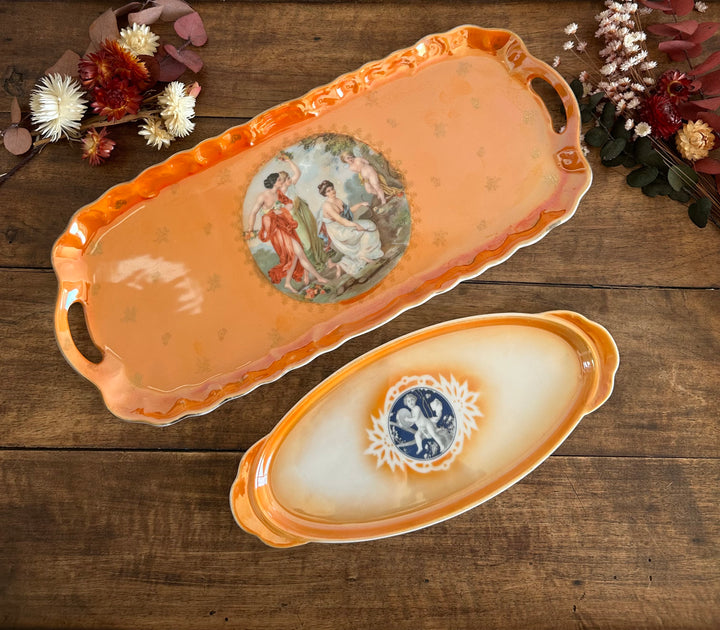 Plats de service en porcelaine de Tchécoslovaquie orange irisé