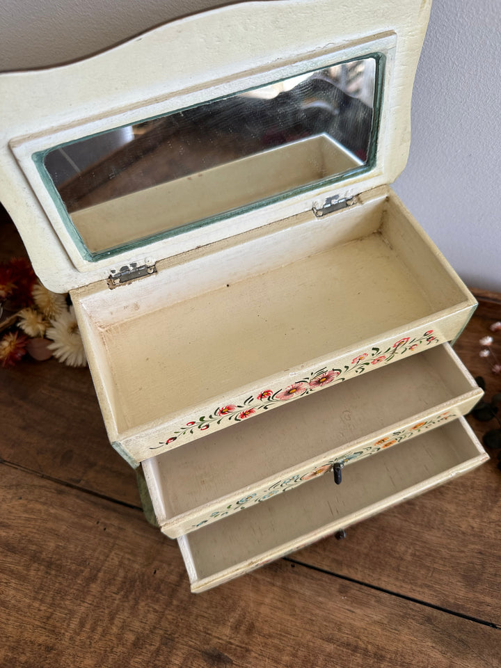 Coffret avec miroir en bois deux tiroirs motifs fleurs