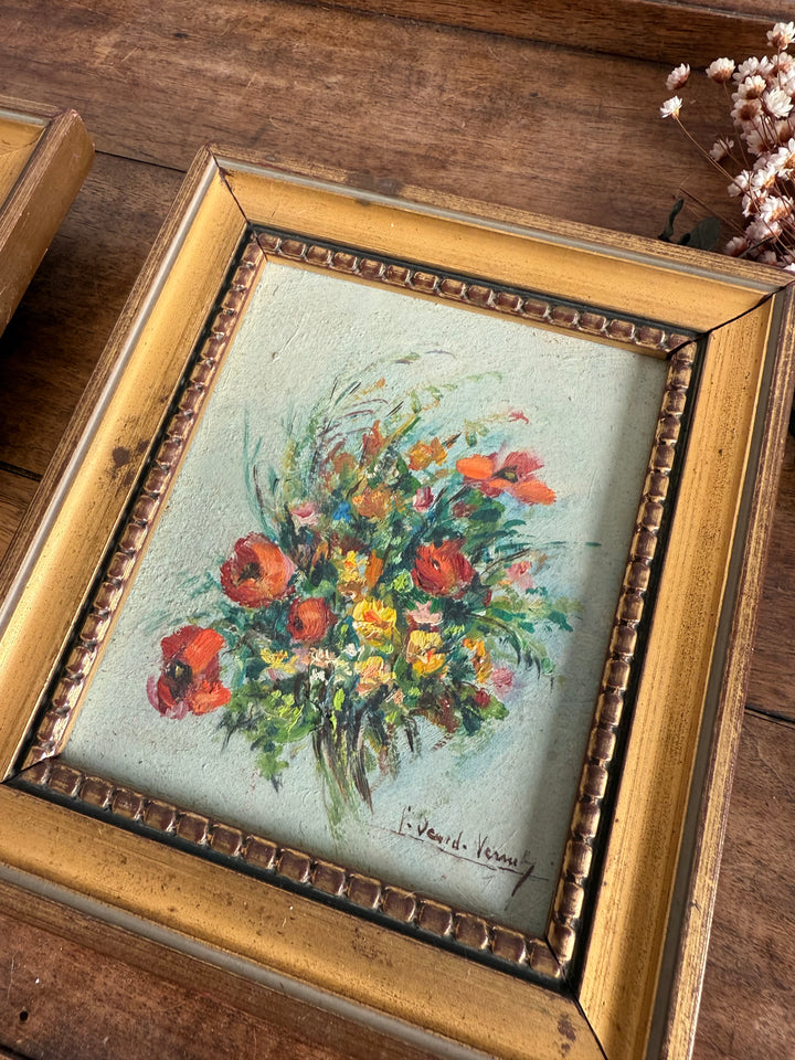 Peintures à l’huile bouquets de fleurs encadrement en bois