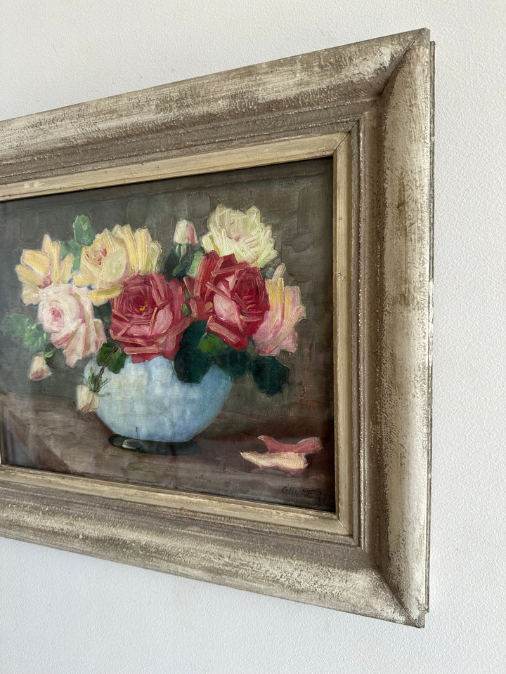 Peinture sur toile signée Gruner bouquet de roses jaunes et rouges