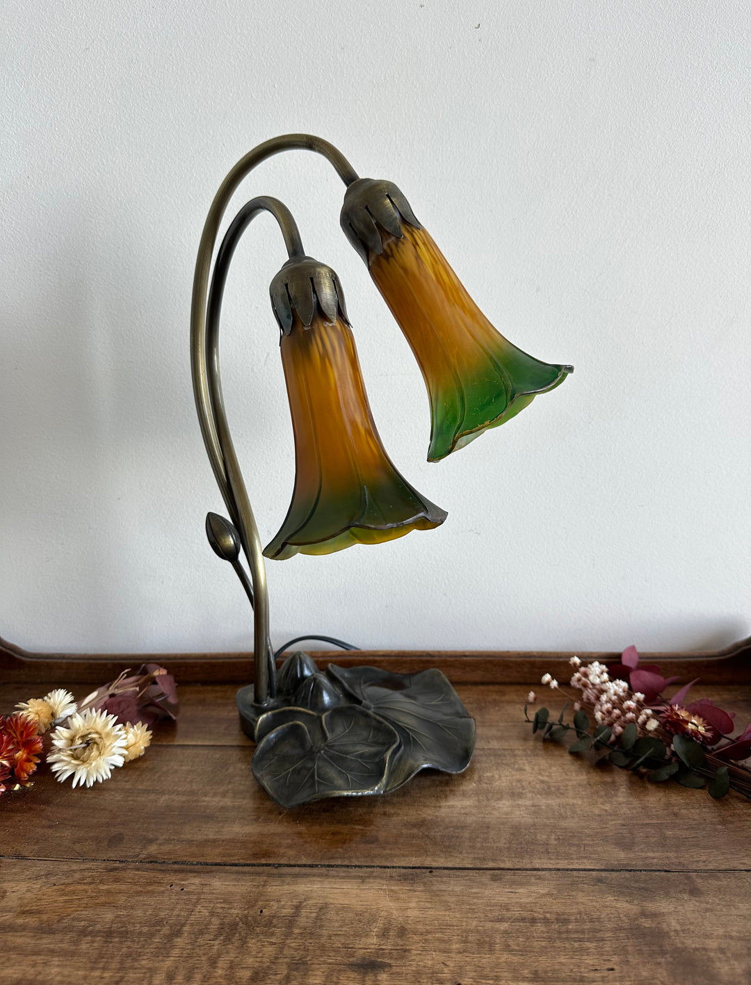 Lampe col de cygne double verte et orangée style Art Nouveau