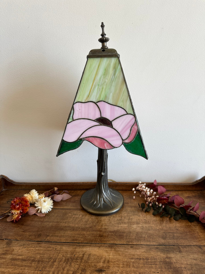 Lampe style Tiffany rectangulaire verte et rose