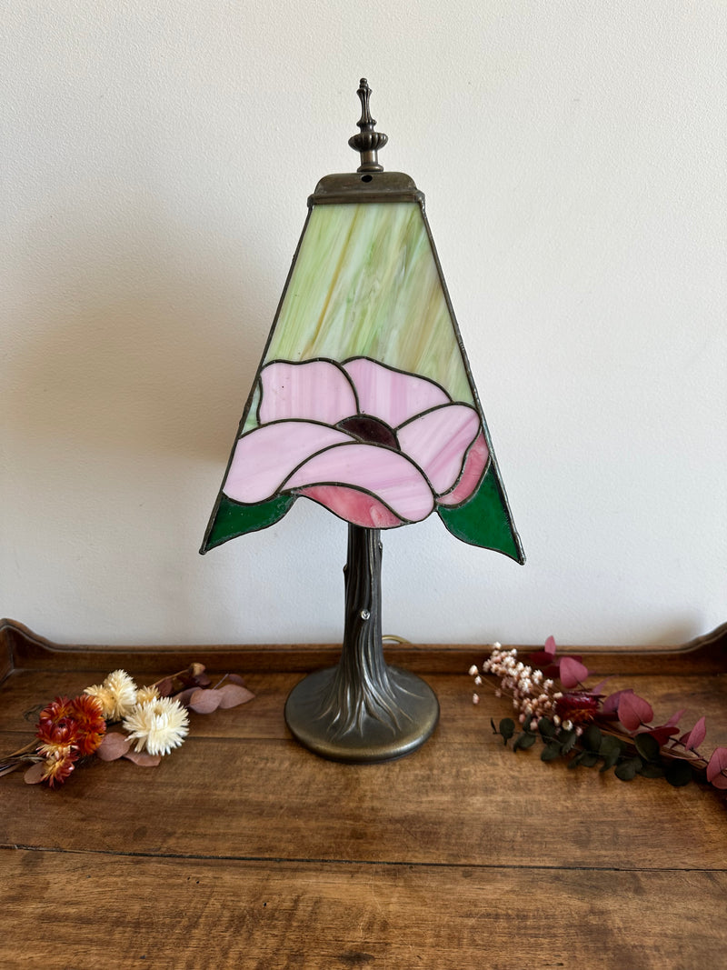 Lampe style Tiffany rectangulaire verte et rose