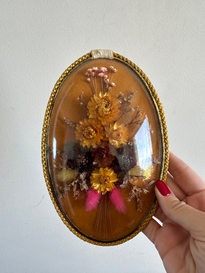 Fleurs séchées sur fond velours moutarde sous verre bombé