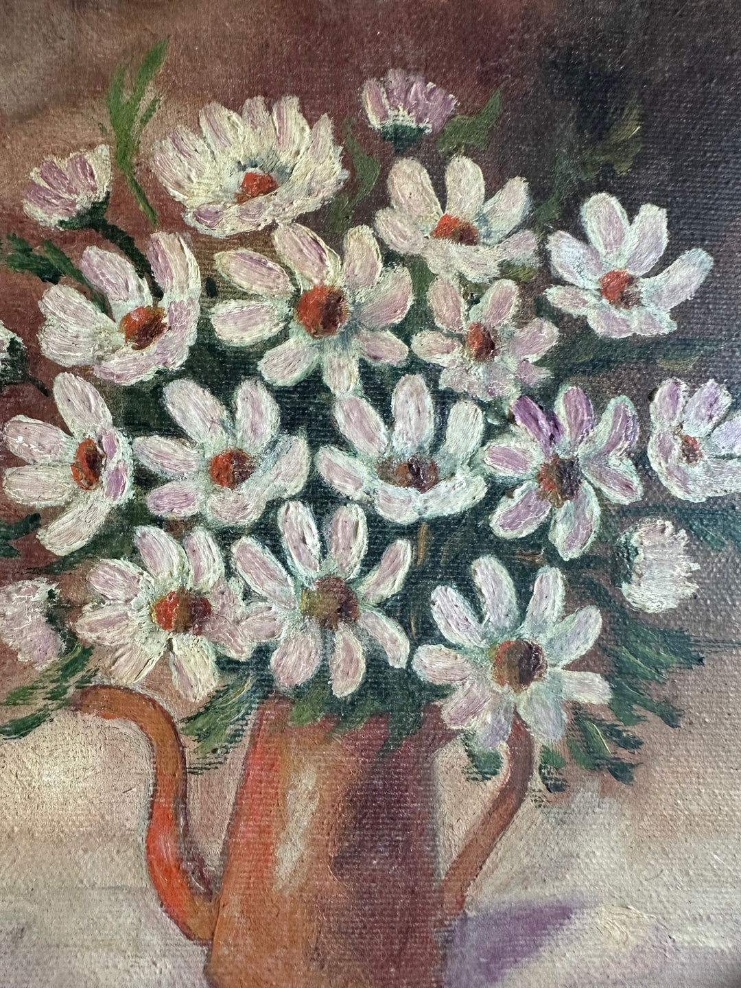 Peinture sur toile bouquet de marguerites signée 1983