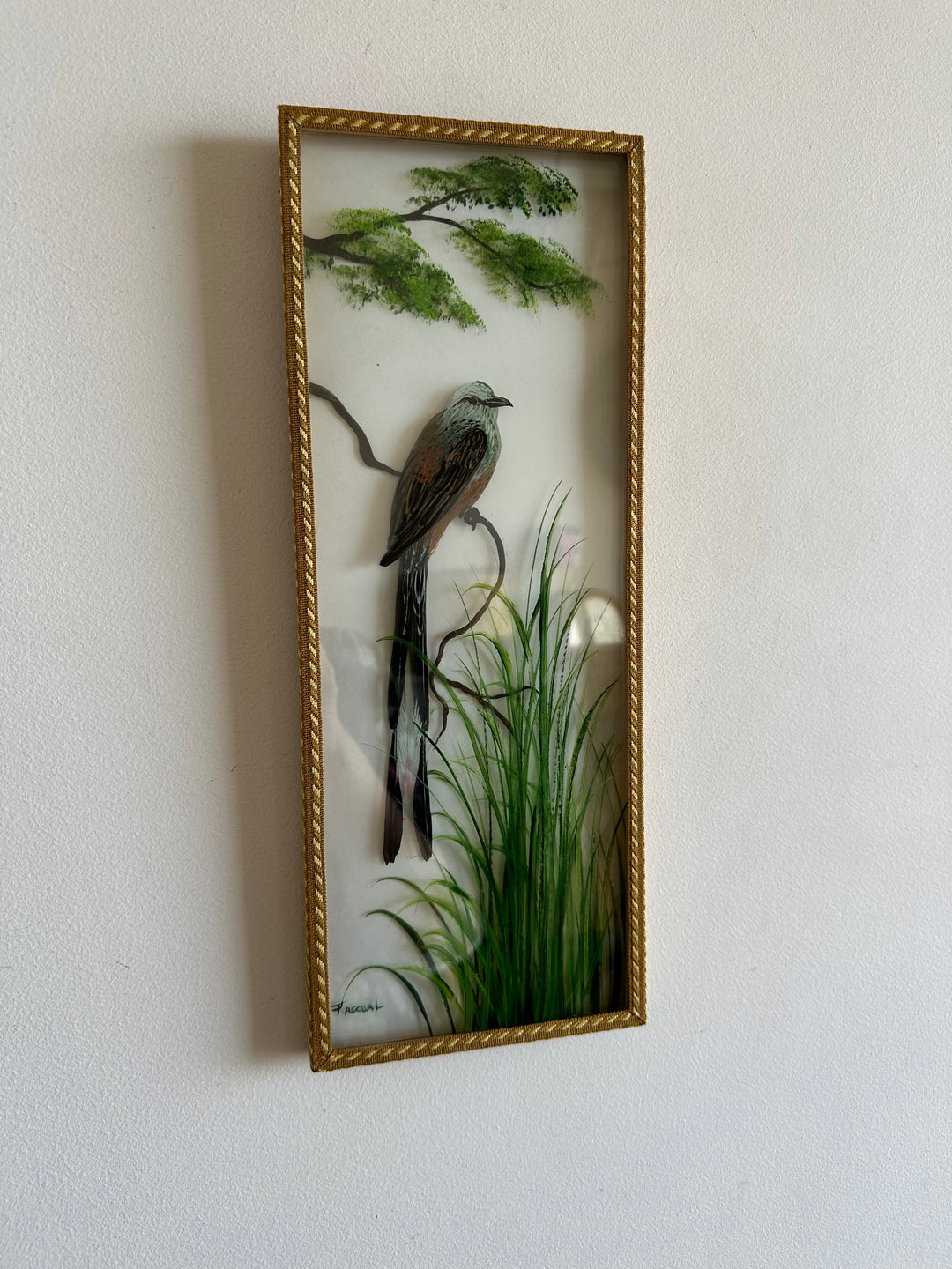 Peinture sur planche de verre oiseaux sur leurs branches