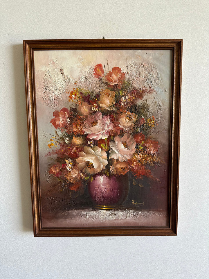 Peinture encadrée signée Frederick bouquet de fleurs mauves et roses