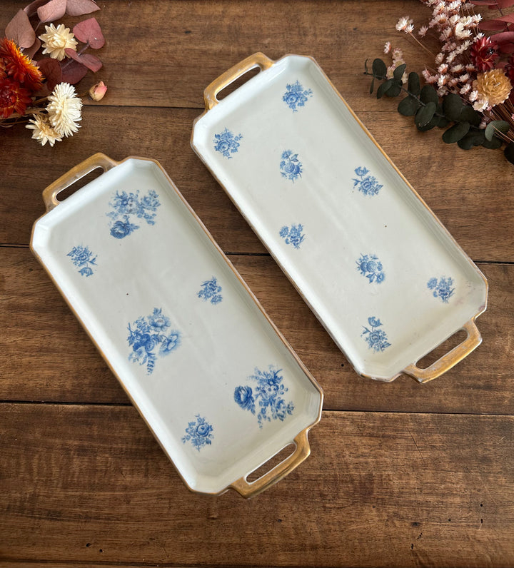 Plateau de service en porcelaine petites fleurs bleues années 50 signées Denbac