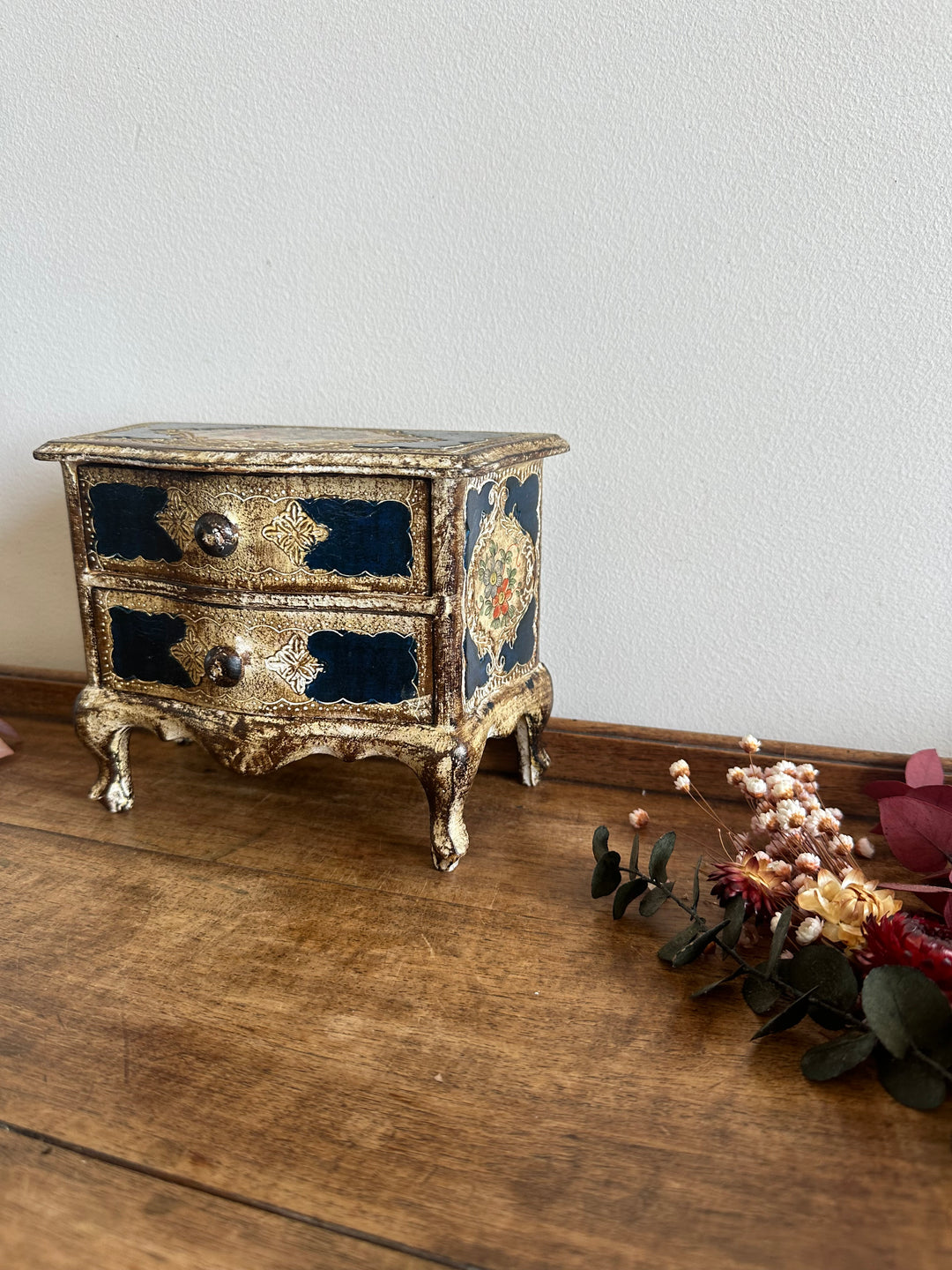 Coffret en bois bleu et crème style florentin années 70