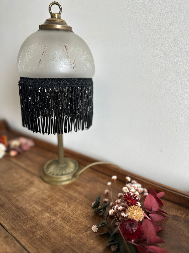 Lampe de chevet frange rideau de perles noires