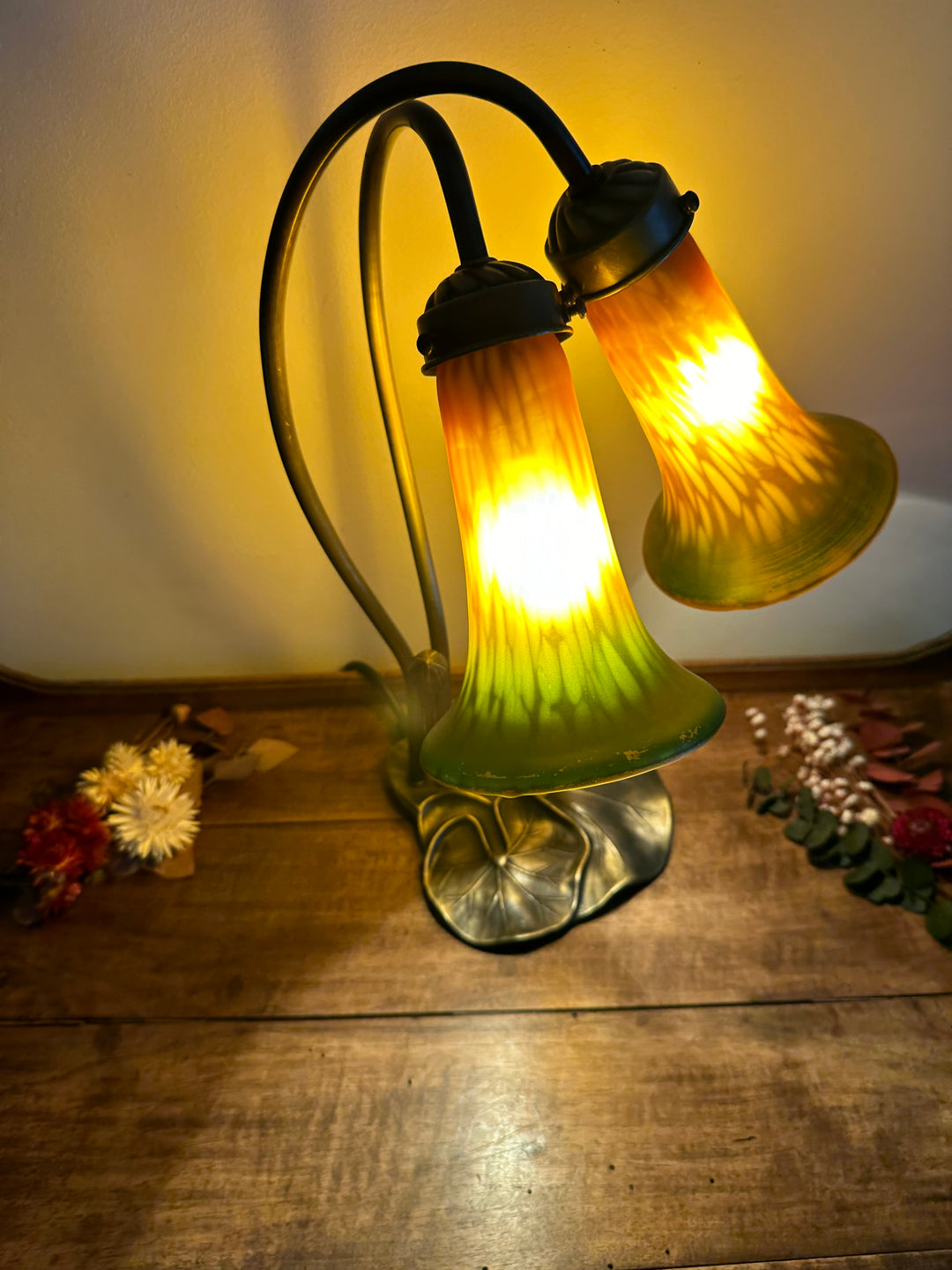 Lampe à deux têtes style Art Nouveau verre orangé et vert