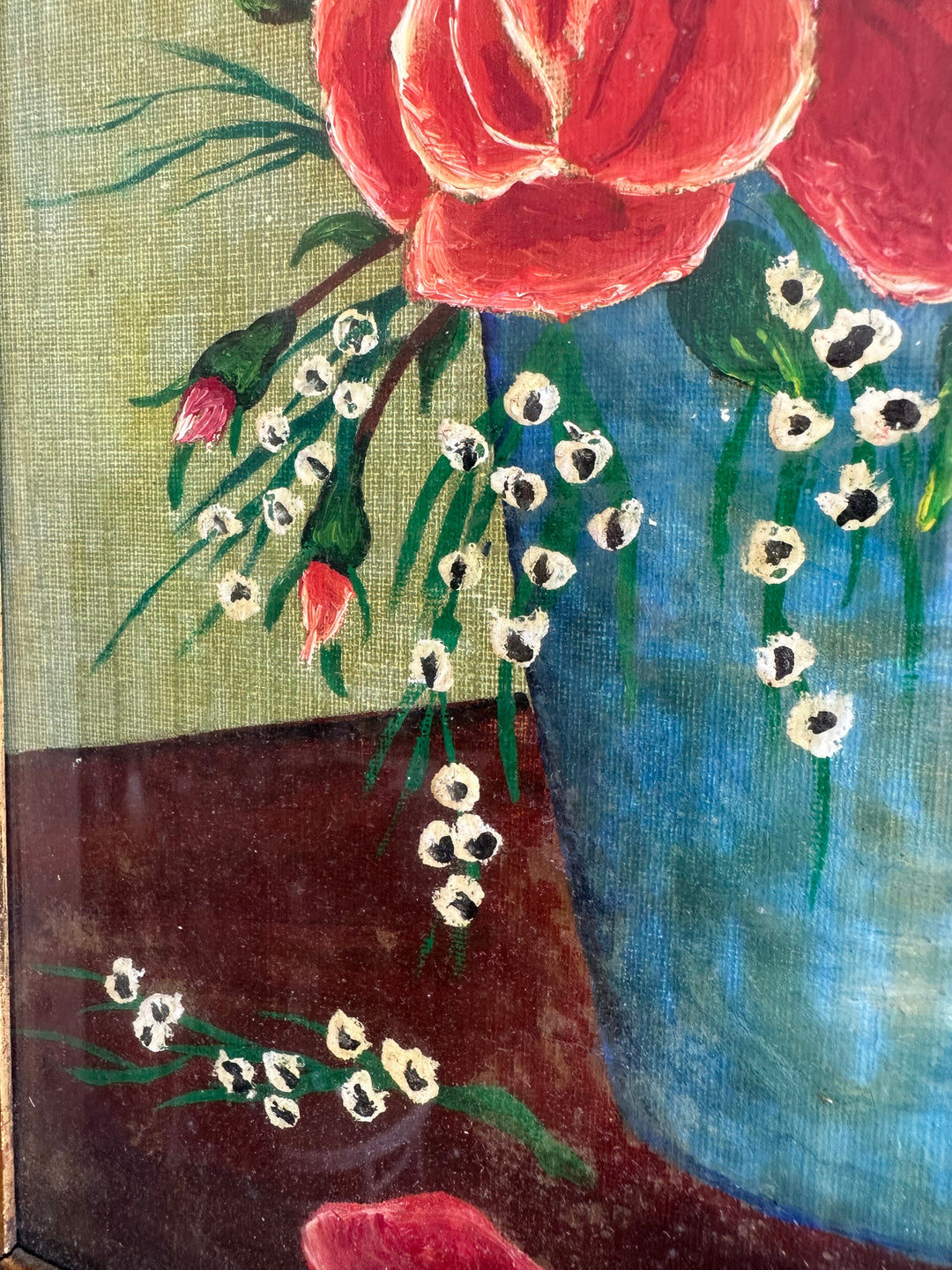 Peinture signée encadrée roses et muguet fond vert