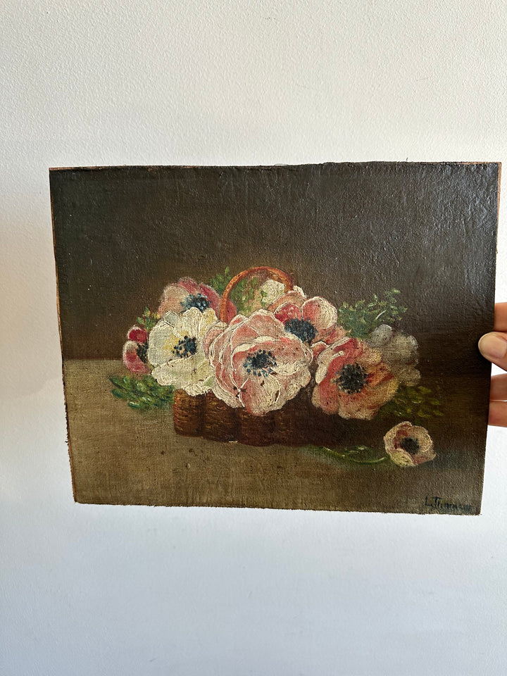 Peinture sur toile fleurs roses et blanches dans panier en osier