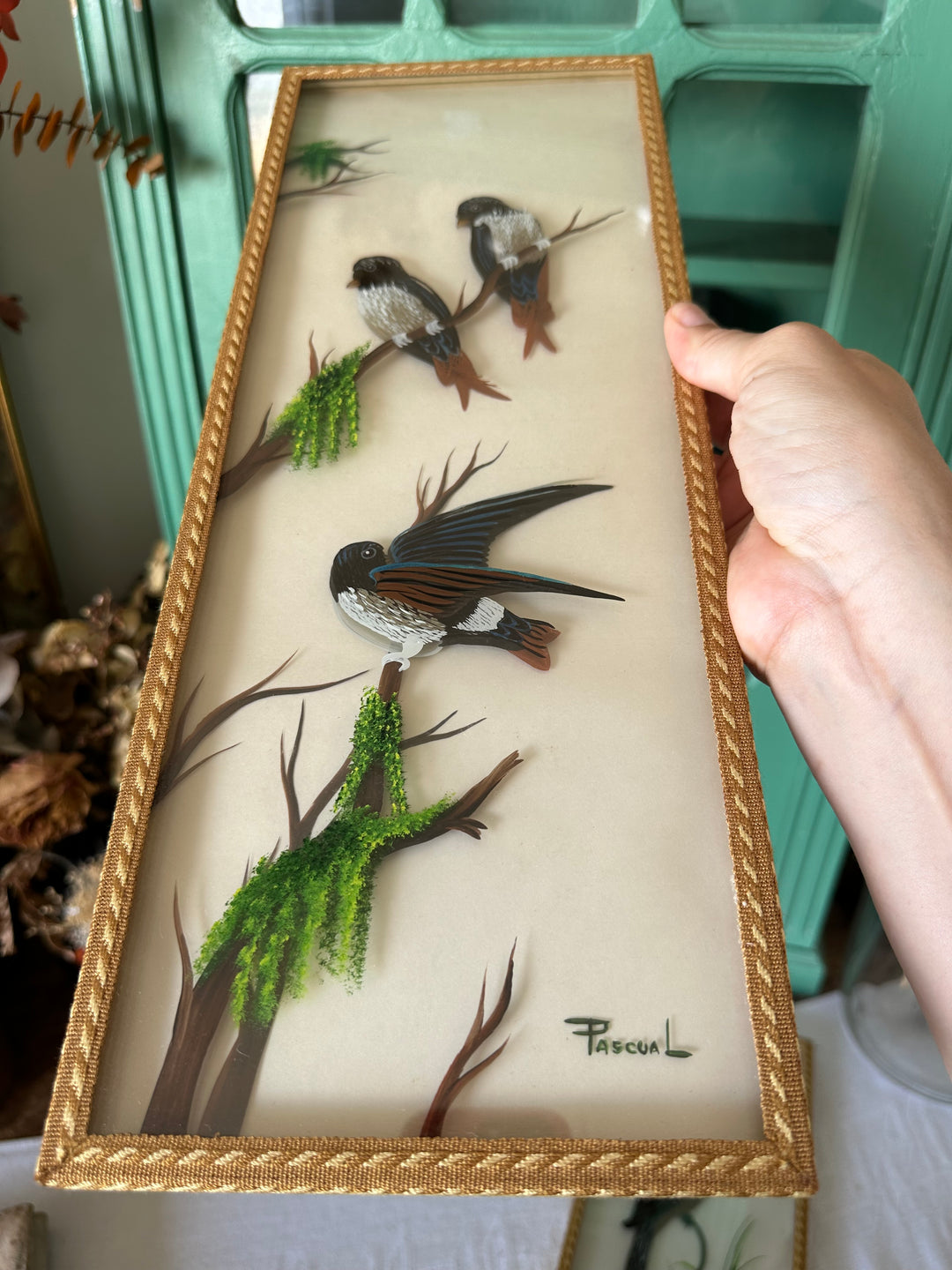 Peinture sur planche de verre oiseaux sur leurs branches