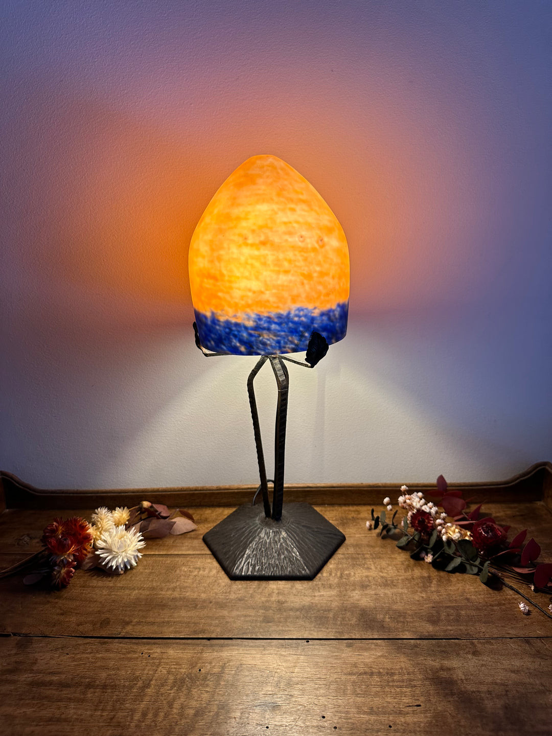 Lampe champignon en verre fumé orangé années 50