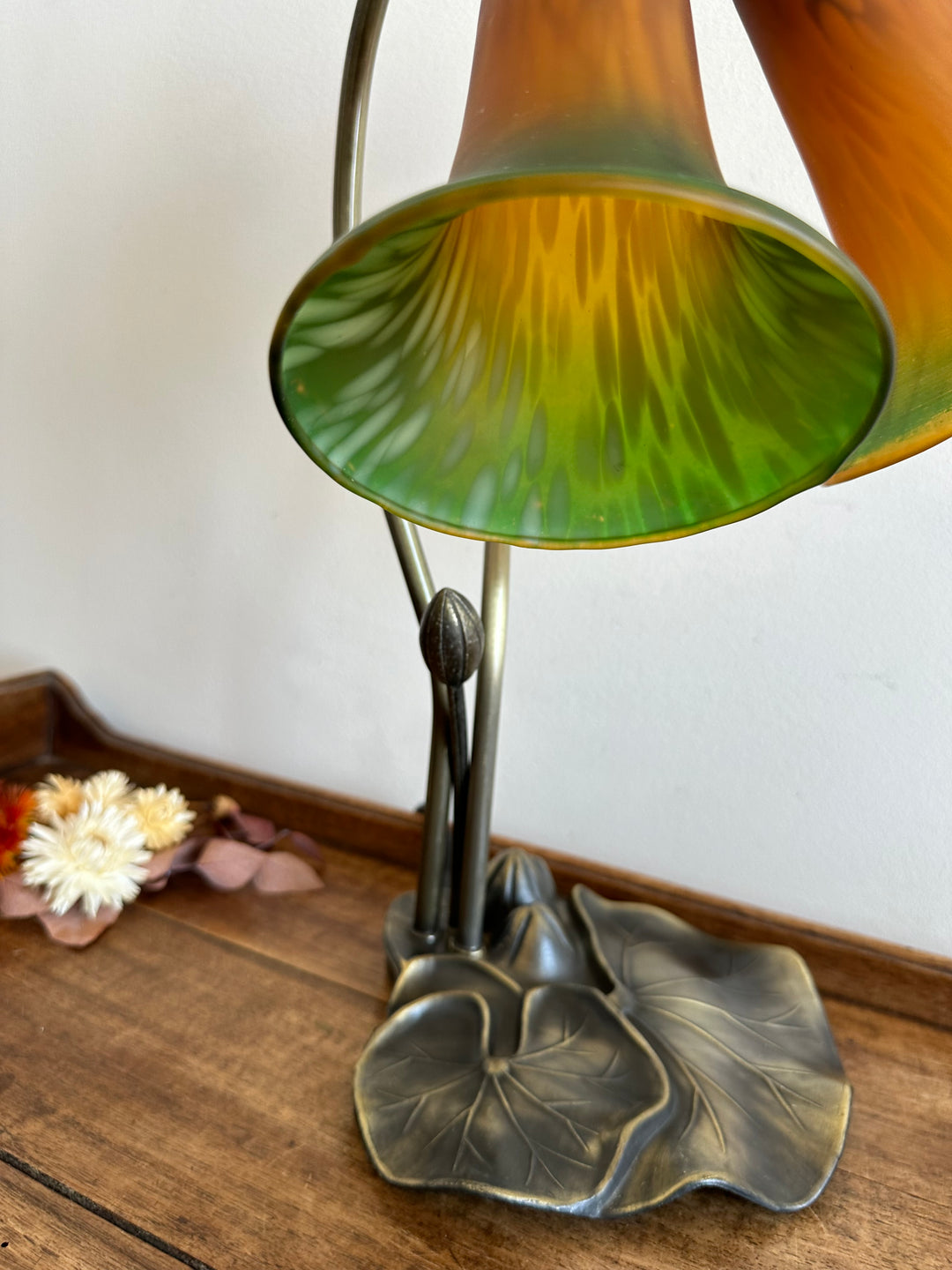 Lampe à deux têtes style Art Nouveau verre orangé et vert