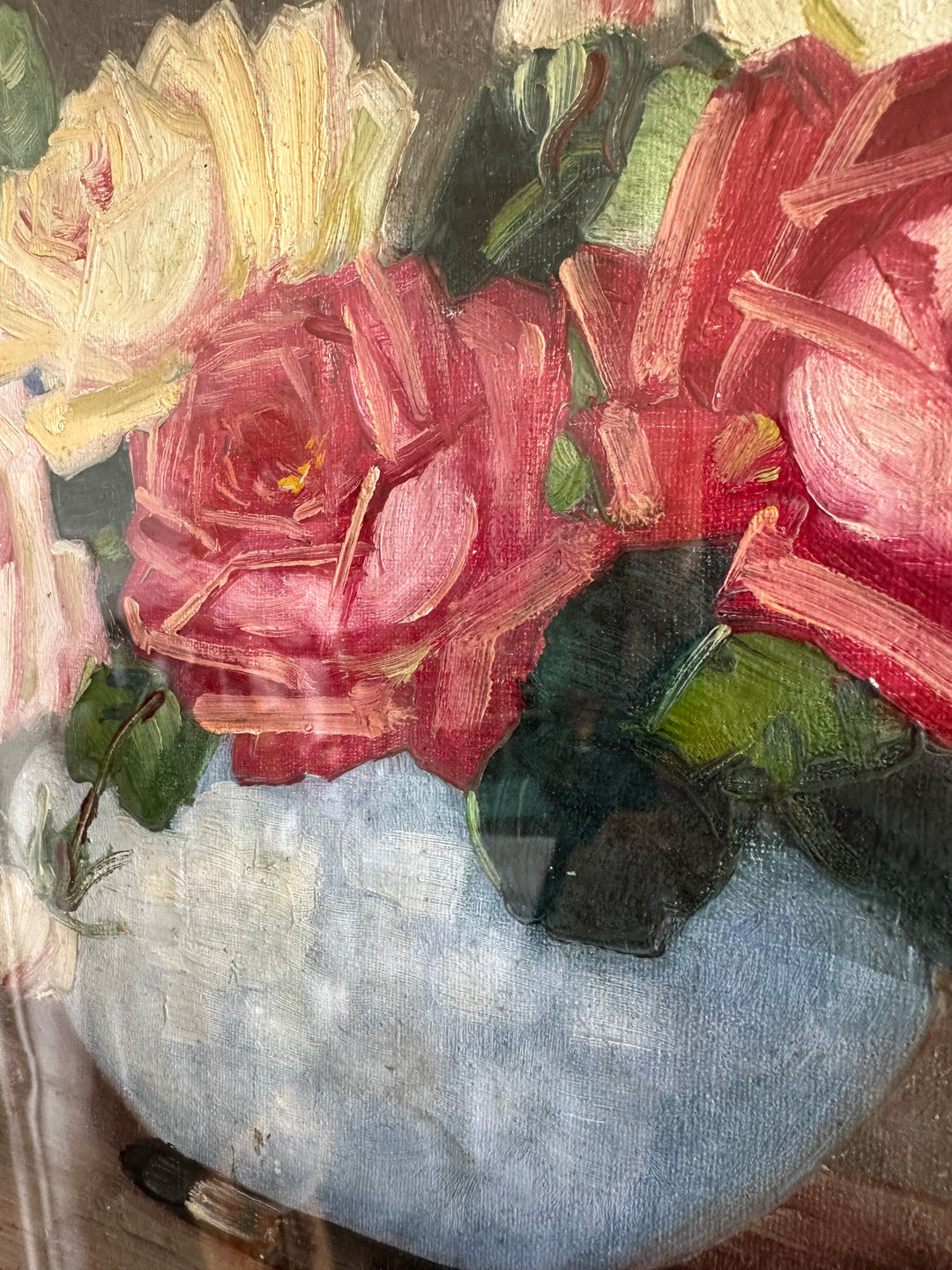 Peinture sur toile signée Gruner bouquet de roses jaunes et rouges