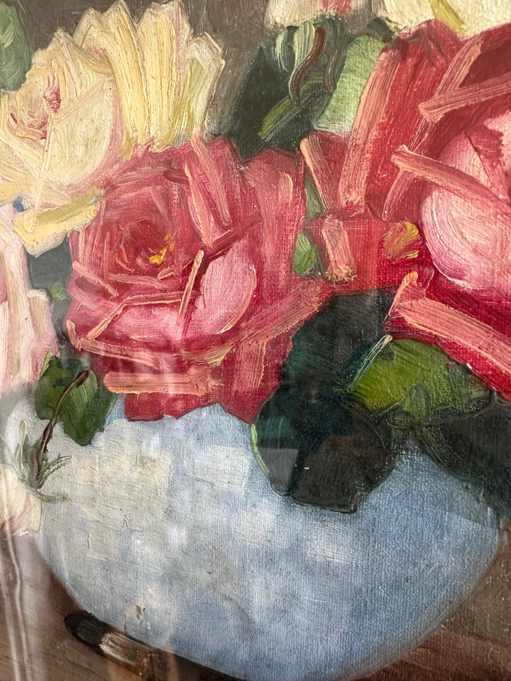 Peinture sur toile signée Gruner bouquet de roses jaunes et rouges