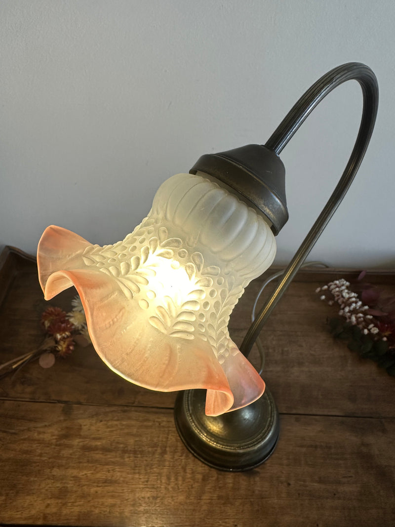 Lampe col de cygne en laiton globe tulipe couleur rose orangé