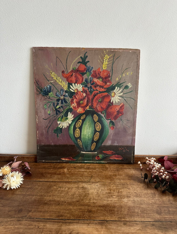 Peinture bouquet de fleurs sur bois signée année 1936