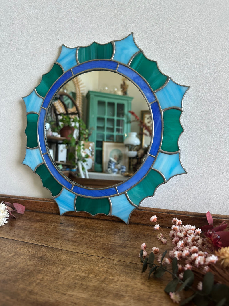 Miroir vitraux soudés bleus et verts