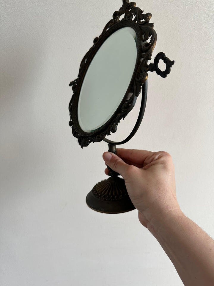 Miroir psyché biseauté en laiton sur pied en bronze