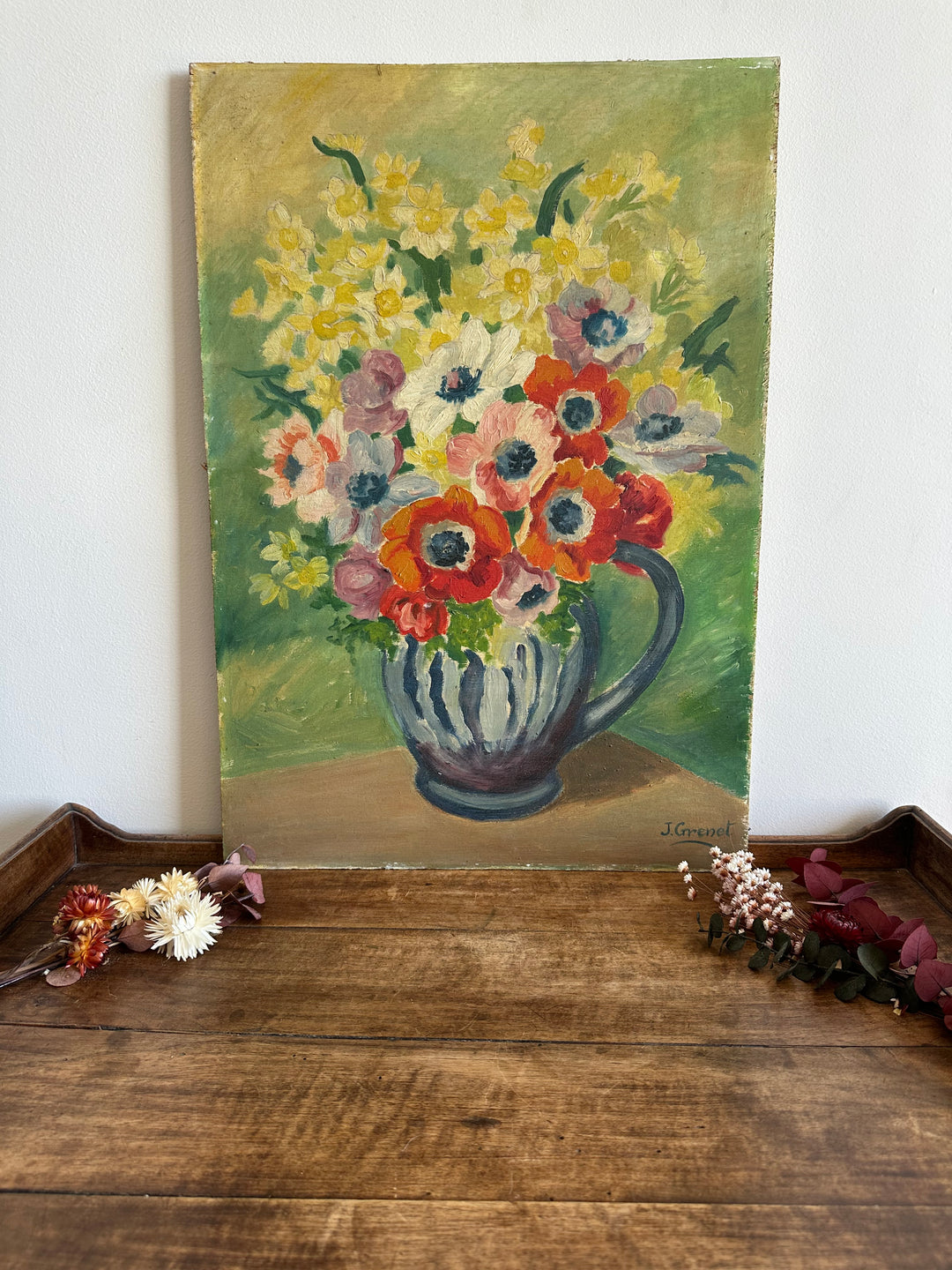 Peinture sur planche bouquet de fleurs dans vase sur fond vert XL