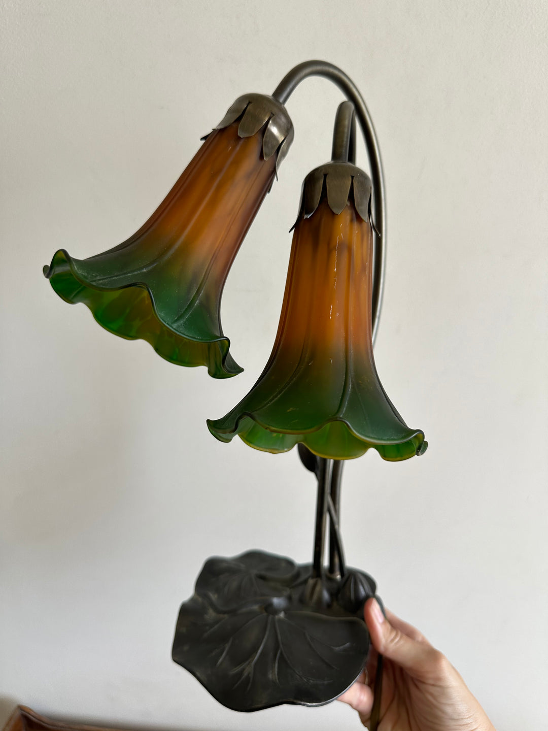 Lampe de chevet à deux têtes verre fumé vert et orange