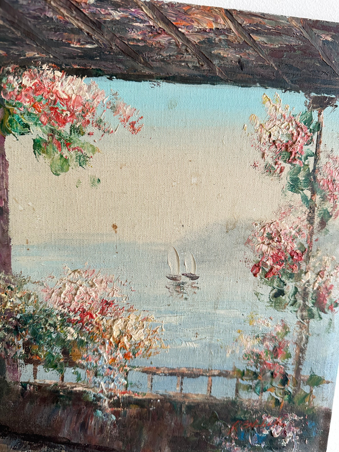 Peinture sur toile terrasse fleurie vue mer