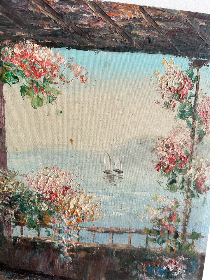 Peinture sur toile terrasse fleurie vue mer