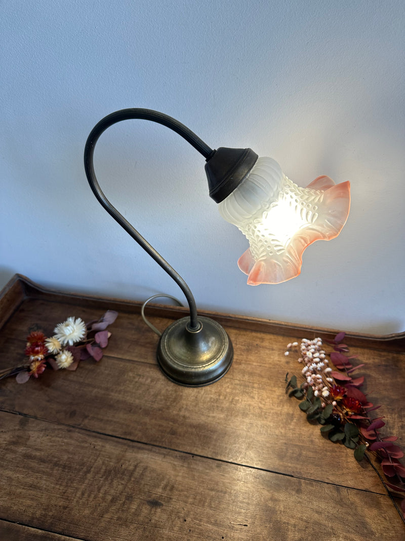 Lampe col de cygne en laiton globe tulipe couleur rose orangé