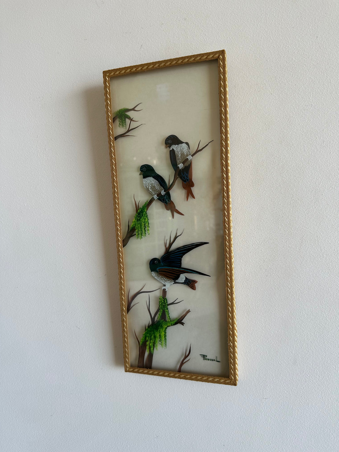 Peinture sur planche de verre oiseaux sur leurs branches