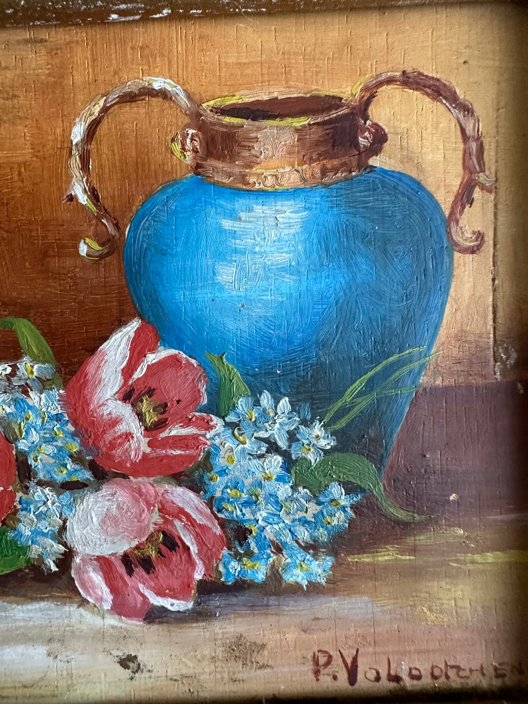 Peinture signée Voldchenko nature morte vase bleu