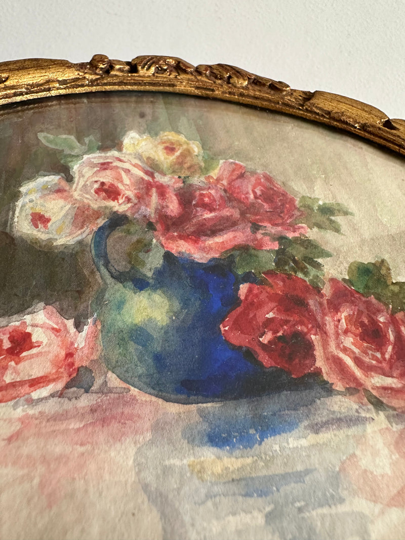 Peinture rose vase bleu 1900