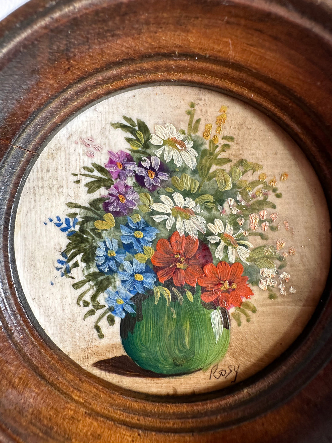 Peinture bouquet de fleurs dans petit médaillon en bois ébène