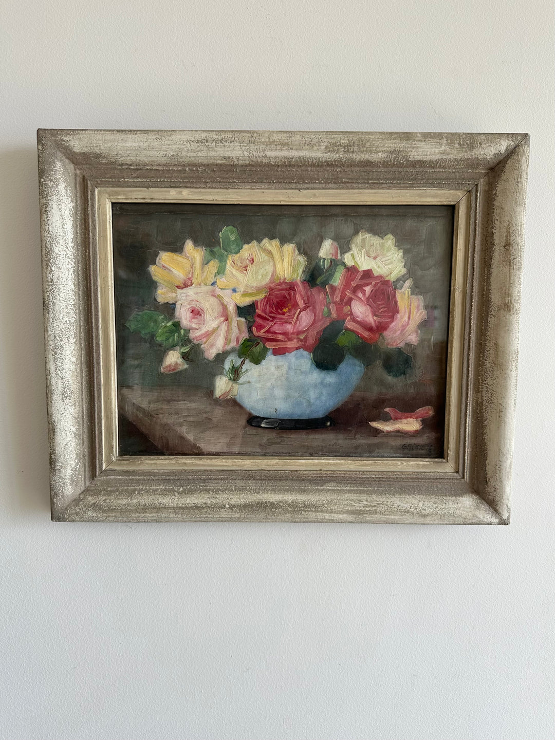 Peinture sur toile signée Gruner bouquet de roses jaunes et rouges