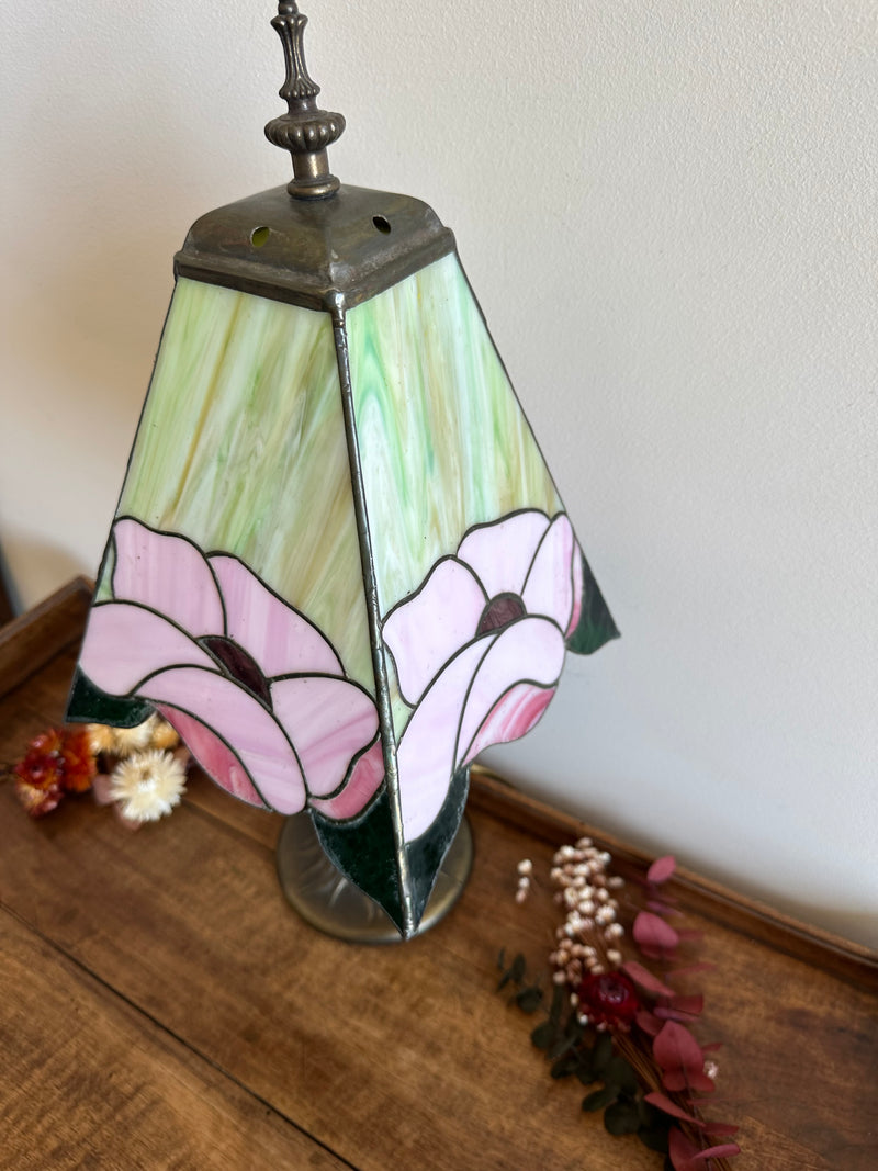 Lampe style Tiffany rectangulaire verte et rose