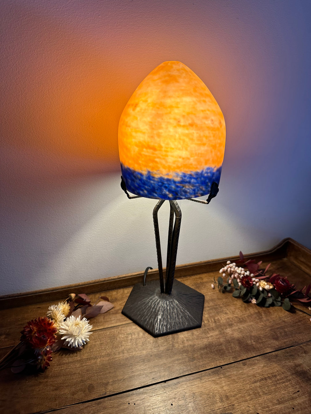 Lampe champignon en verre fumé orangé années 50