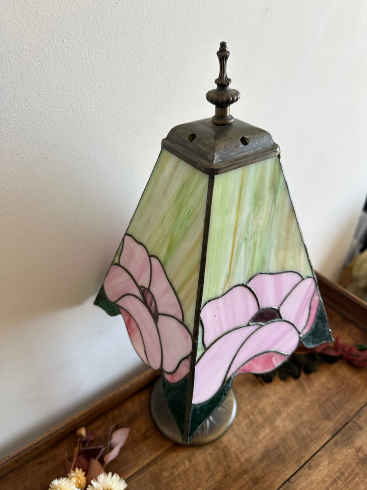 Lampe style Tiffany rectangulaire verte et rose