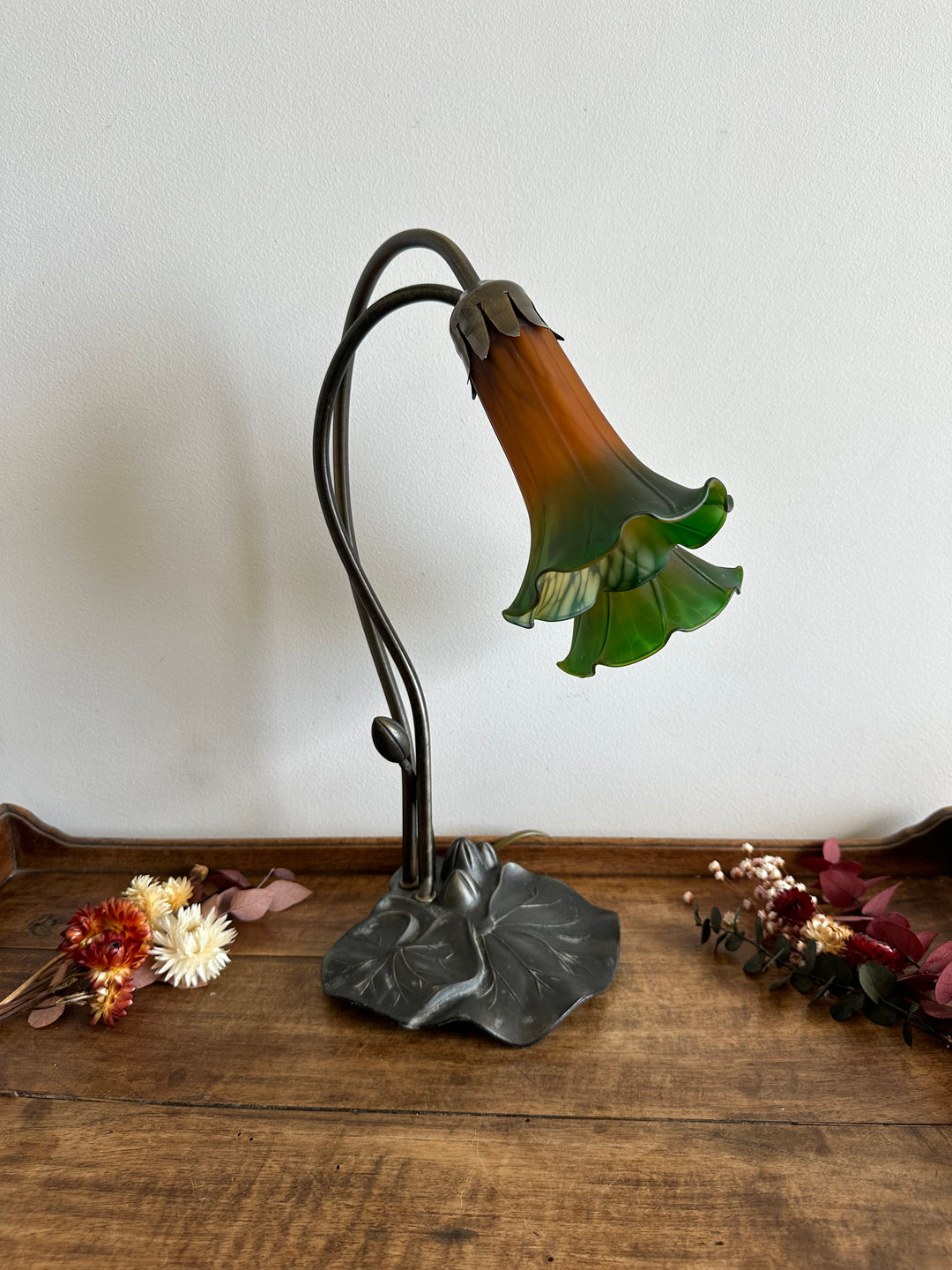 Lampe de chevet à deux têtes verre fumé vert et orange